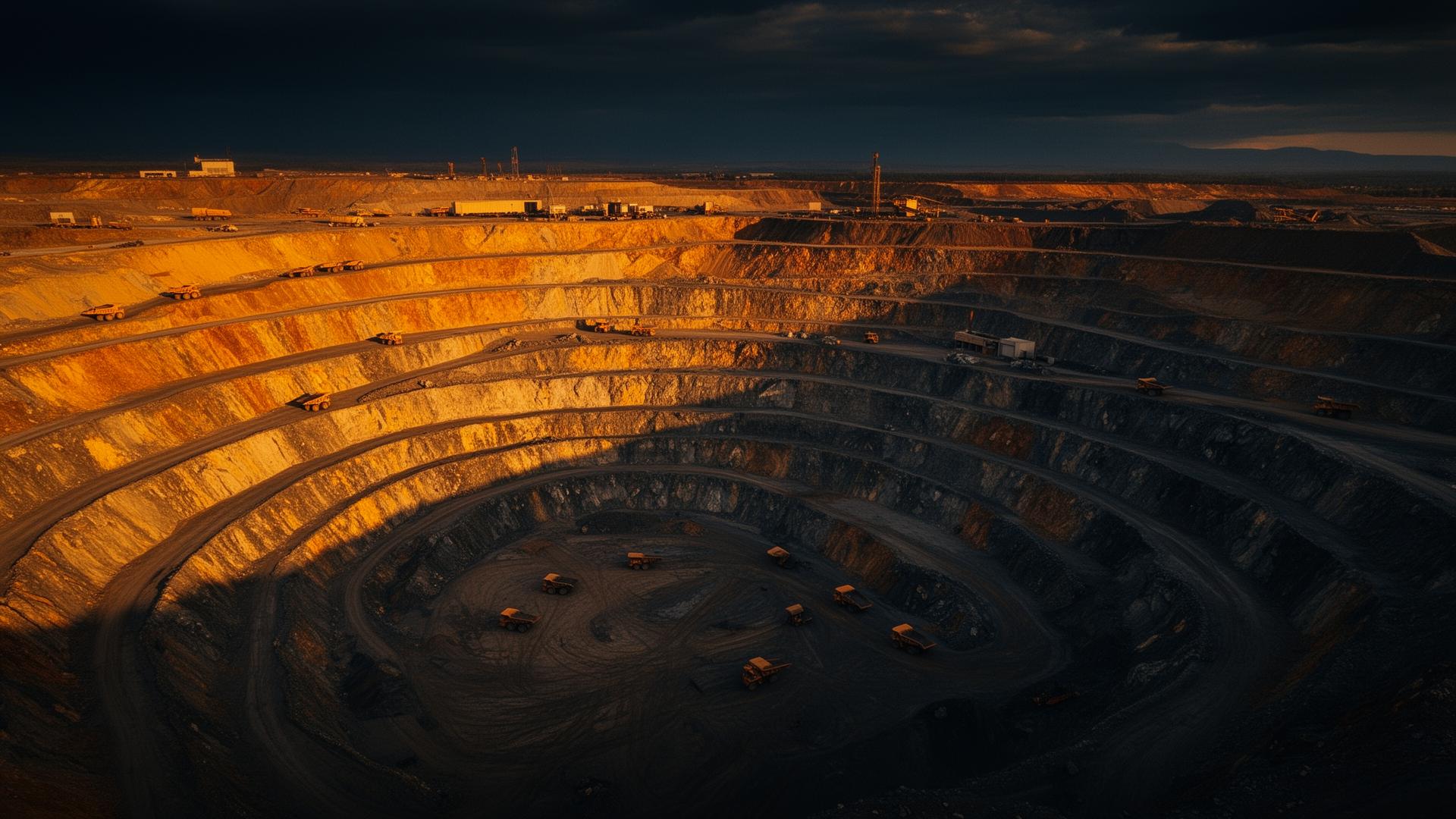 Aerial view of an open-pit copper mine at golden hour