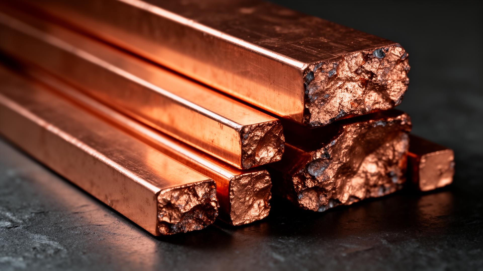 Refined copper bars stacked, close-up